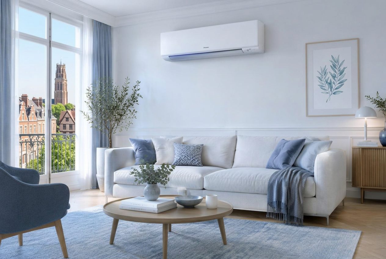Salon équipé d'une climatisation réversible murale, ouvert sur les façades en brique d'une ville du Nord